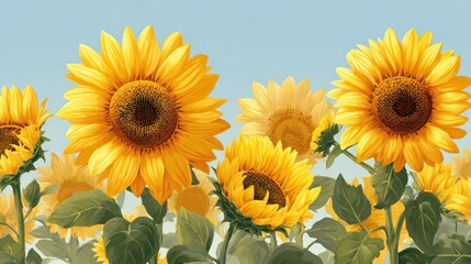 Obraz premium Painted sunflowers with green leaves against a light blue sky; sunny, bright art