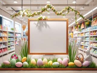 Easter display with blank sign in store window