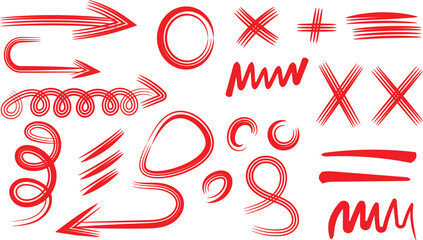 Collection of hand drawn red correction marks arrows circles underlines and scribbles for editing.