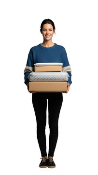 Smiling 35-40-year-old Caucasian woman, an online shop owner shipping orders, holding bubble mailers. Ideal for e-commerce websites, small business marketing, social media, startup promotions,