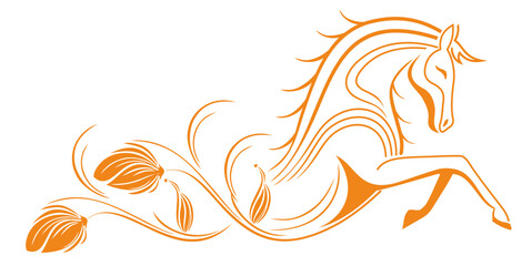 Vector illustration of horse drawing art with botanical floral art, Chinese New Year 2026, year of the horse, vector.