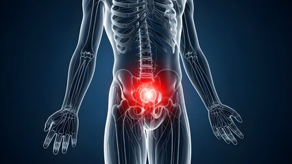 3D medical illustration highlighting the kidneys in red, symbolizing bacterial infection, pyelonephritis, or severe inflammation of the renal system on a blue background