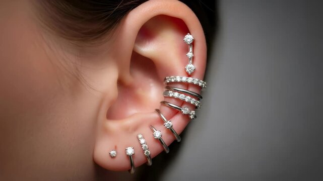 Woman with multiple ear piercings and shiny diamond jewelry changing arrangement of fashion accessory for beauty.