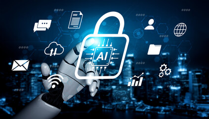 A robotic hand hovers near a glowing lock symbol representing AI technology, surrounded by digital icons that represent data security and cloud computing. Gantry