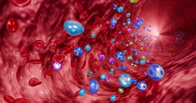 Nutritional supplement effect on circulation, vitamins and minerals enhancing blood composition and energy, 3D Rendering
