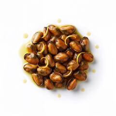 Obraz premium Marinated mussel meat with lemon zest arranged in circular top view composition premium gourmet seafood food photography on white background with studio lighting