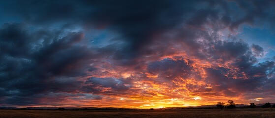 Dramatic Sunset Sky with Fiery Orange and Deep Blue Clouds Over a Silhouetted Horizon.