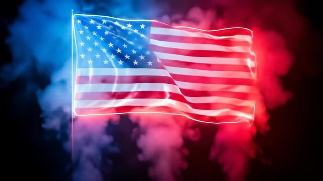 Neon United States flag waves on dark background with red and blue smoke creating an exciting