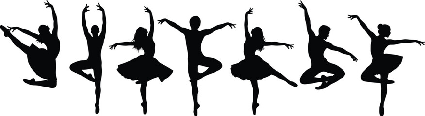 Black Ballet Dancers Silhouettes Performing Elegant Classical Poses on a White Background, Expressing Grace, Movement, and Artistic Freedom for Dance, Fitness, and Art Concepts.