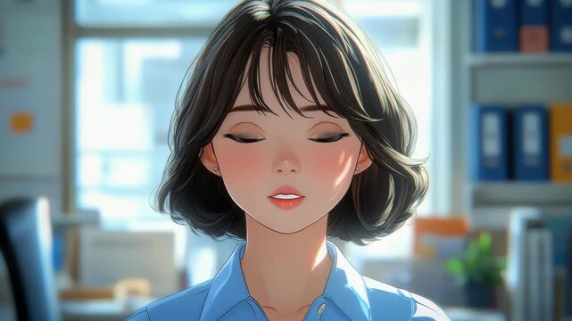 Office Serenity: An animated portrait of a tranquil woman finds respite in a calm office setting, radiating peacefulness through a moment of introspection, embracing tranquility.