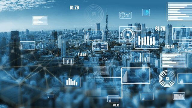 This captivating image showcases a futuristic cityscape dominated by skyscrapers, augmented with digital data overlays reflecting urban analytics and technology integration. Xenic - Powered by Adobe