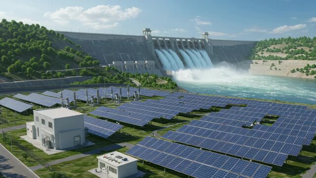 Renewable energy synergy showcasing a vast solar farm beside a mighty hydroelectric dam power plant