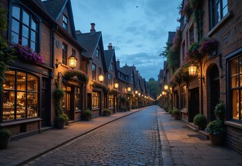 Obraz premium Historic cobblestone street lined with illuminated shops and flower boxes at dusk
