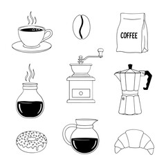 Collection of coffee elements in simple doodle style