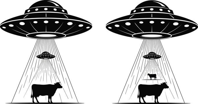 Black Silhouettes of UFO Spaceships Abducting Cows with Bright Light Beams, Illustrating Concepts of Alien Abduction, Extraterrestrial Life, Science Fiction, and Roswell Mystery Vector.
