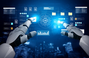 Robotic hands interact with a futuristic AI interface filled with digital data and graphs, depicting advanced technology and innovation in a modern setting. Gantry