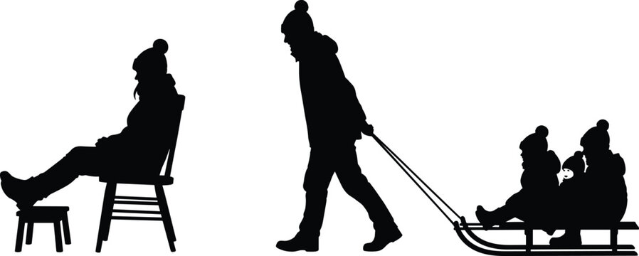 Black vector silhouettes of winter activities including father pulling children on sled and woman relaxing on chair with feet up.