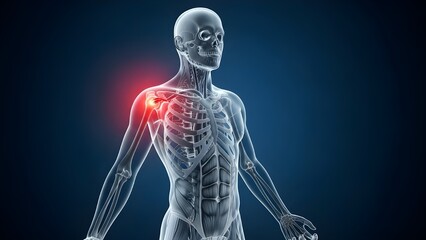 3D medical illustration showing a transparent male body with a red highlight on the right shoulder, representing pain, frozen shoulder, or muscle injury on a blue background