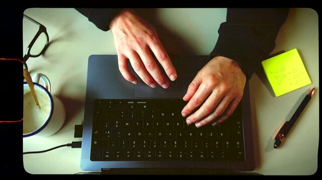 Freelance worker, consultant working on laptop, working from home, retro analog vintage film frame super8 style