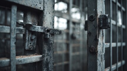 Worn metal gate, partially open, shows rust and aged, blurred background