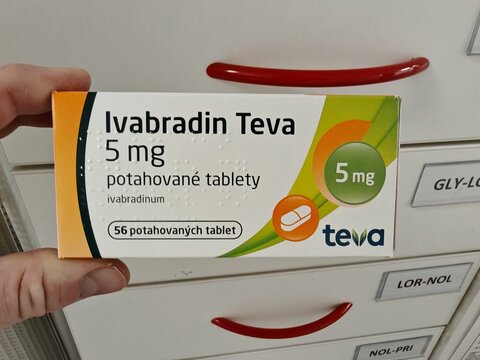 Prague,Czech Republic-May 6 2025: IVABRADIN TEVA tablets box placed on hospital pharmacy shelf. Contains ivabradine, used to treat chronic heart failure and angina.