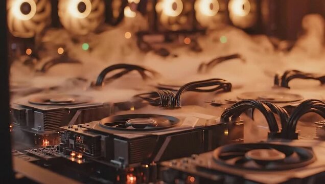 Futuristic Computer Hardware with Cooling Fans and Smoke Effects.