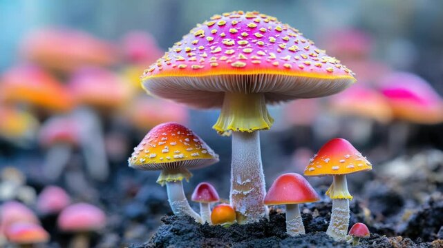 Beautiful close-up of mushrooms growing on the forest floor with dappled light filtering through above.