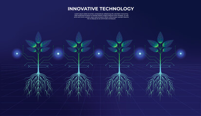 Four futuristic seedlings growing with a blue glow: environmental protection through innovative biotechnology. Vector illustration for ecological sustainability and green biotechnology. Science, eco