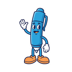 Cute Blue Cartoon Pen Waving Hello.