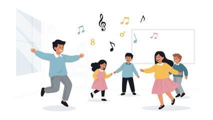 Illustration of a diverse group of people dancing and having fun together with musical notes floating in the air against a white background.