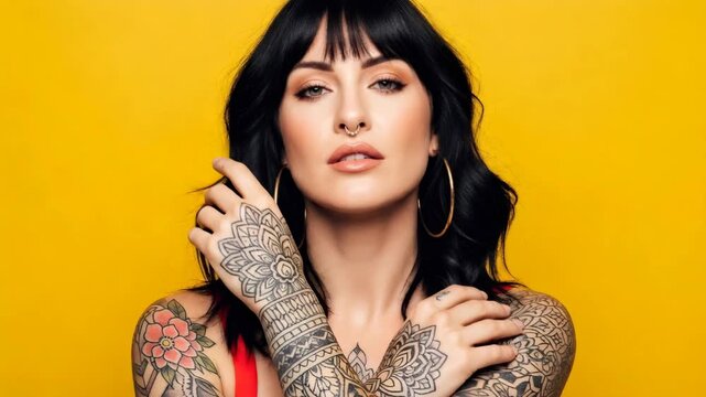 Woman with black hair posing with arm and chest tattoos, a septum ring, and hoop earrings in a series of studio close-ups.