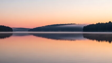 Fototapeta premium Serene lake landscape at peaceful sunset with misty surroundings
