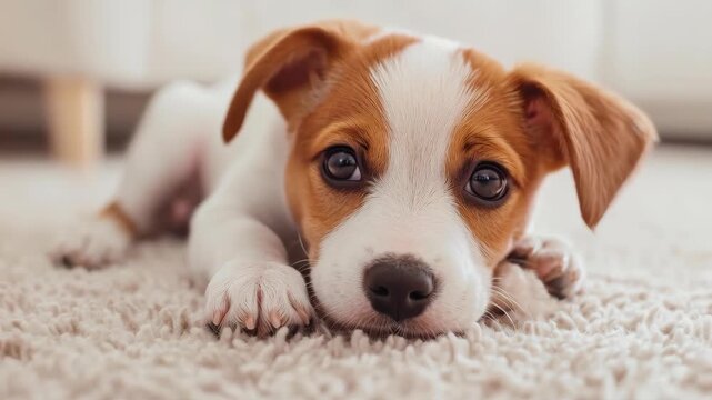 Puppy's Serene Moment: A charming puppy, with expressive eyes and soft fur, rests comfortably on a textured rug. Capturing the pure innocence and the unconditional love 