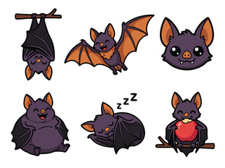 Naklejka premium Cute Cartoon Bat Illustrations Set Various Poses.