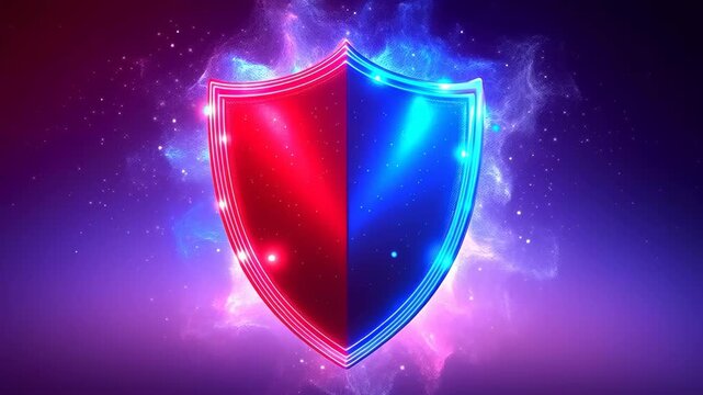 Shield of Defense: A striking emblem, divided in two contrasting colors, stands as a symbol of protection, security, and strength, set against a cosmic backdrop of swirling lights and energy.