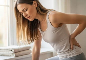 Naklejka premium Young woman suffering from sudden lower back pain at home, holding aching lumbar area with tense expression, highlighting discomfort, spine strain and need for pain relief