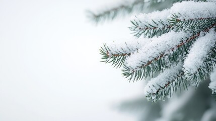 Snowy pine branch, winter landscape, nature background, festive scene, use for holiday cards