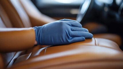 Obraz premium Person in blue glove touches car seat