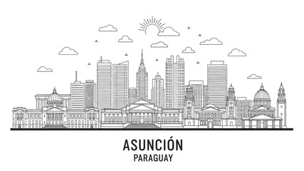 Obraz premium Detailed vector outline of Asunción, Paraguay, showcasing its iconic city skyline with historical landmarks and modern high-rise buildings, perfect for travel and architectural designs