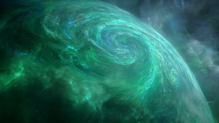 Cosmic Symphony: A mesmerizing celestial body, swirls of ethereal energy in shades of verdant emerald and turquoise, a spectacle of cosmic drama and grandeur.