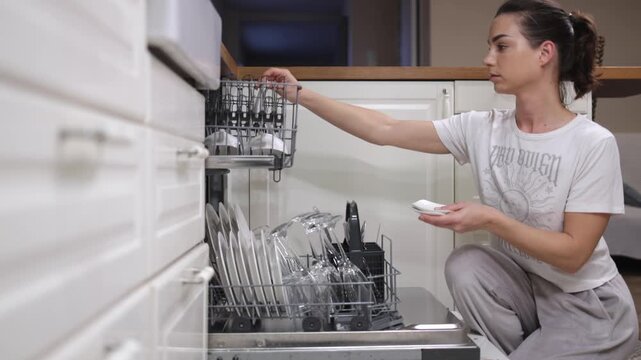 Woman loading clean dishes into a dishwasher, adjusting the rack for optimal space, and closing the door, showcasing efficient kitchen organization and appliance use