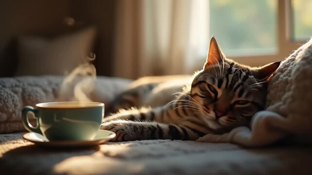 Cozy Morning Scene with Cat and Steaming Coffee Cup.