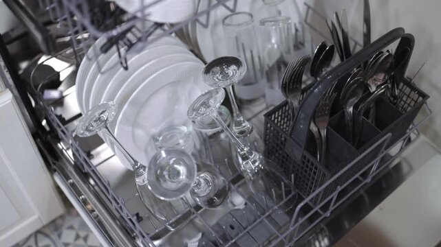 Hand reaches into dishwasher to remove clean glassware and utensils, showcasing organized plates, glasses, and cutlery in a modern kitchen setting with stainless steel finish