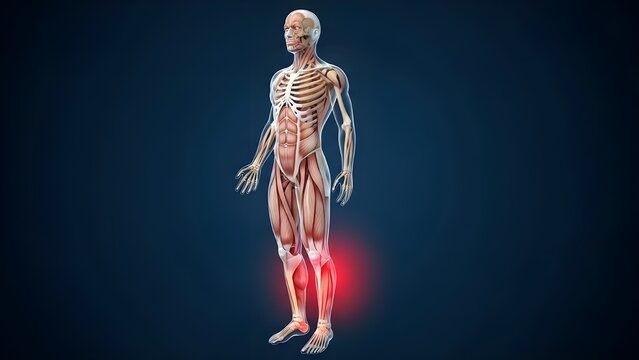 3D medical illustration showing a transparent male leg with a red highlight on the shin bone, representing pain, shin splints, or muscle inflammation on a blue background