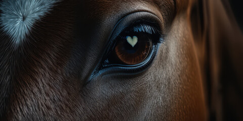 Extreme close up of horse eye with detailed texture and emotional depth, dramatic animal portrait revealing strength, sensitivity and natural beauty in dark mood
