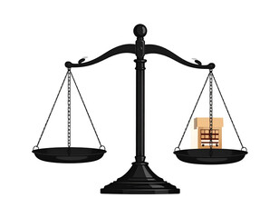 An unbalanced black justice scale holds a single cardboard parcel