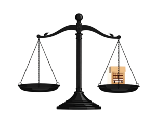 An unbalanced black justice scale holds a single cardboard parcel