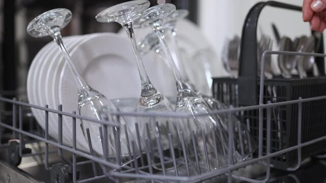 Dishwasher loading process with plates and glasses arranged in baskets, showcasing the organization of kitchenware for efficient cleaning and maintenance of dishes