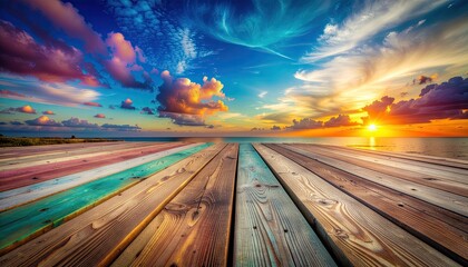 Vibrant Sunset Over Tropical Ocean From Wooden Pier With Colorful Sky And Clouds