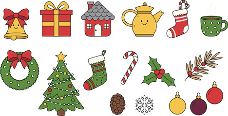 Cute Hand-Drawn Christmas Vector Set, Including Wreath, Tree, Stockings, Holly, Ornaments, and Cocoa Mug, Perfect for Holiday Decoration and Celebration.